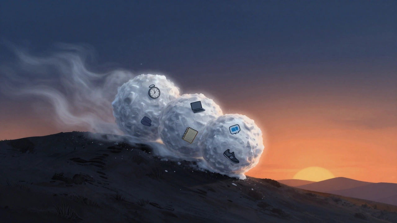 A growing snowball rolls down a mountain, each layer containing symbols of persistence: a clock, notebook, shoe, and voice memo.