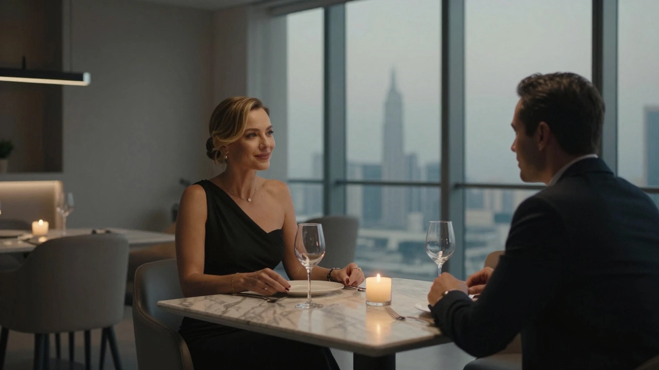 A Russian woman in a black dress shares a quiet dinner with a client in a luxurious Dubai dining room.