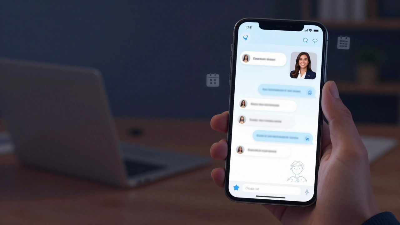 A smartphone shows an encrypted chat with a profile photo beside a university diploma and child&#039;s drawing.
