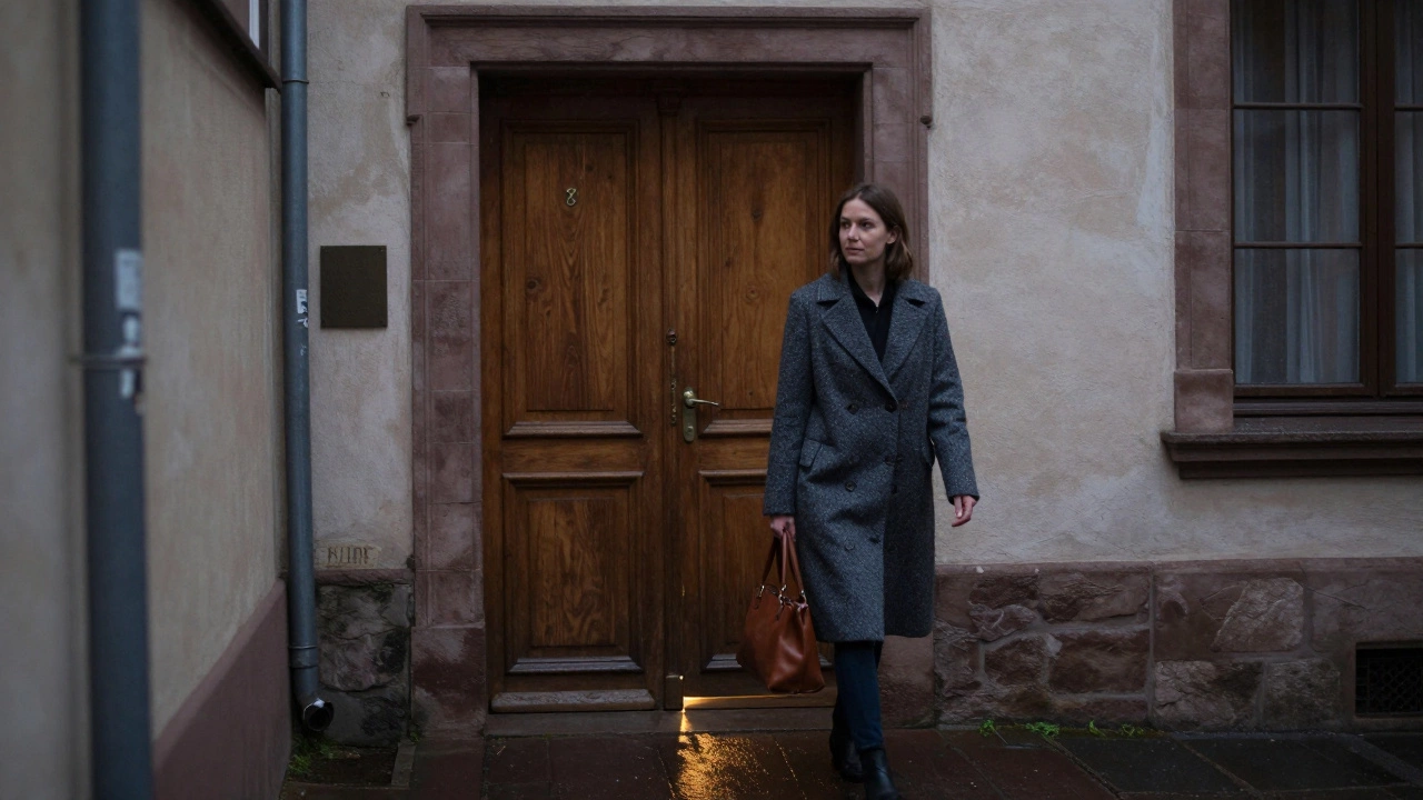A woman walking away in a rain-slicked alley behind Strasbourg&#039;s historic district, a discreet door slightly open behind her.