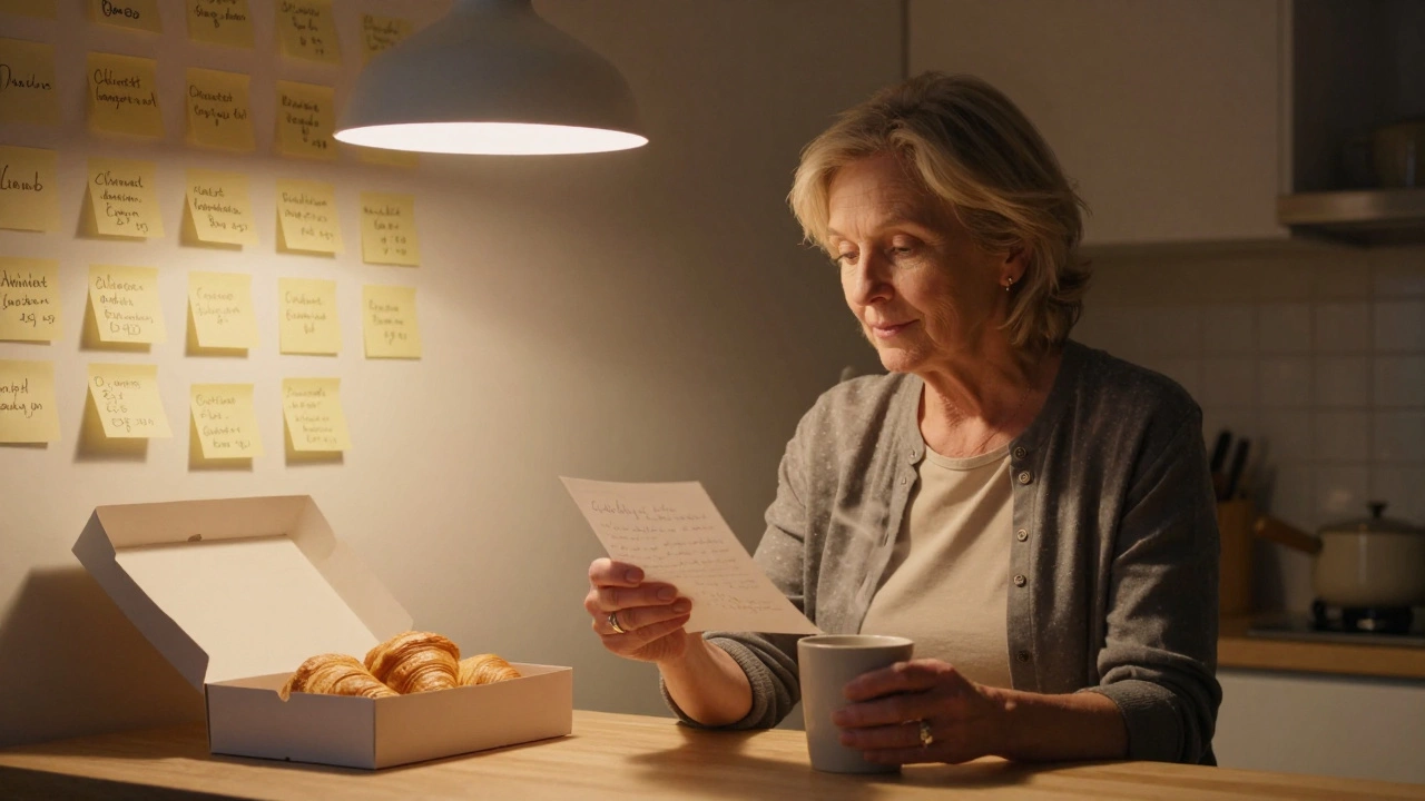 An older woman in a kitchen at night holds a handwritten note beside open croissants, surrounded by sticky notes of client names.