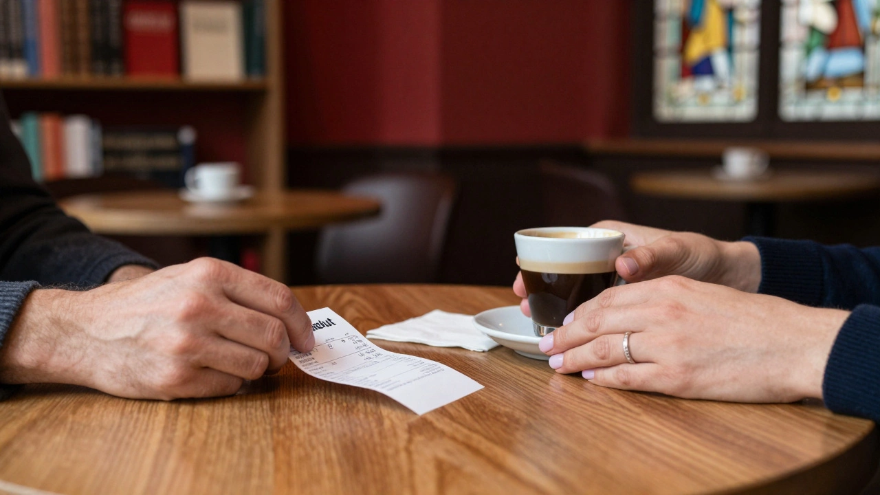 Two hands meeting at a café table in Strasbourg, one placing a payment receipt, the other holding an espresso cup.
